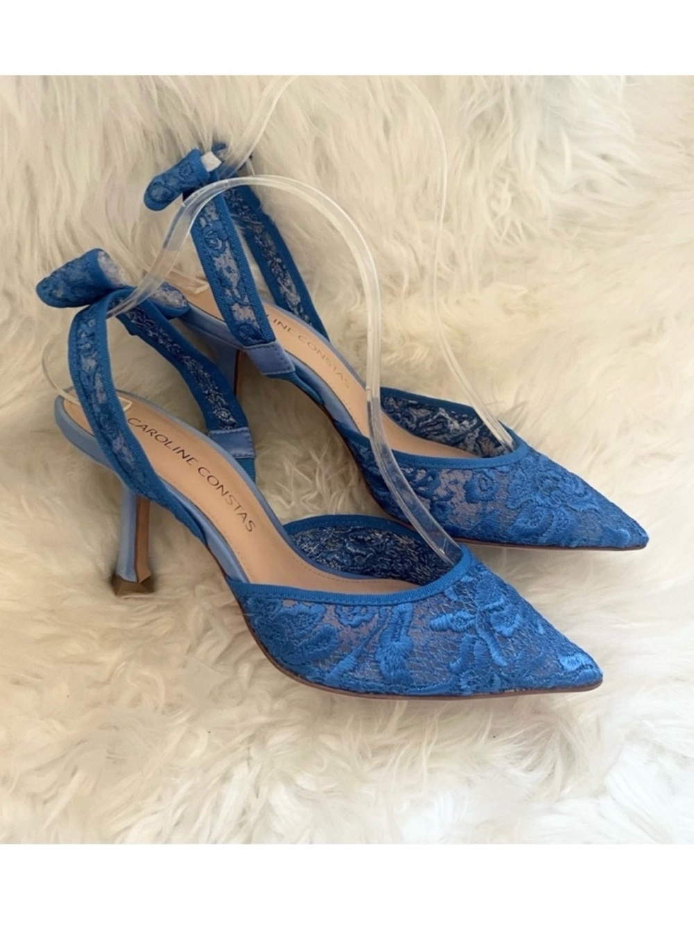 New! Caroline Constas Blue Lace Bow Slingback Pointed Toe Heels EU 37 Rare - Picture 6 of 10